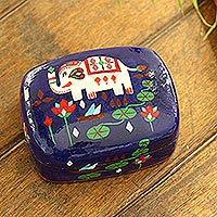 Decorative papier mache box, 'Midnight Tale' - Hand Painted Papier Mache Elephant-Motif Box