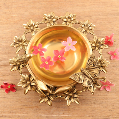 Decorative Brass Floral-Themed Urli Bowl - Floating Florals