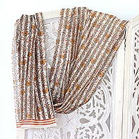 Screen Printed Striped Chanderi Cotton Scarf,'Caramel Flowers'