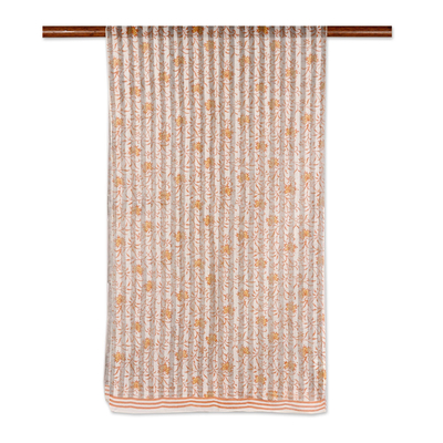 Cotton scarf, 'Caramel Flowers' - Screen Printed Striped Chanderi Cotton Scarf