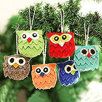 Wool holiday ornaments, 'Merry Hoots' (set of 6) - Handmade Wool Owl-Motif Holiday Ornaments (Set of 6)