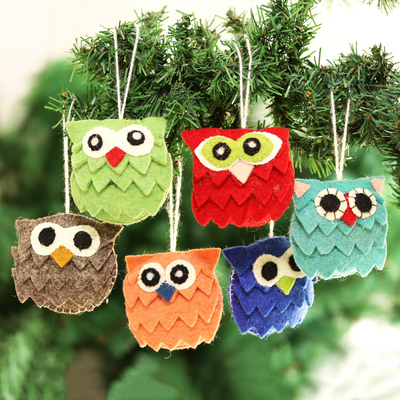 Wool holiday ornaments, Merry Hoots (set of 6)