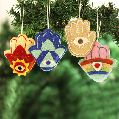 Wool holiday ornaments, 'Hamsa Holiday' (set of 4) - Wool Hamsa Hand Holiday Ornaments (Set of 4)