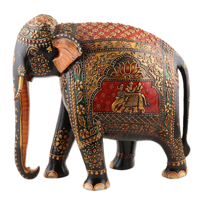 Hand Painted Neem Wood Elephant Sculpture