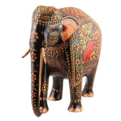 Escultura en madera pintada a mano - Escultura de elefante de madera de neem pintada a mano