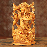 Wood sculpture, 'Benevolent Krishna' - Hand Carved Kadam Wood Krishna Sculpture