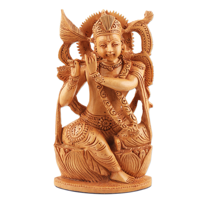 Hand Carved Kadam Wood Krishna Sculpture