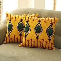Embroidered cotton cushion covers, 'Diamond Mine' (pair) - Cotton Cushion Covers with Tufted Embroidery (Pair)