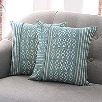 Cotton cushion covers, 'Jade Sea' (pair)