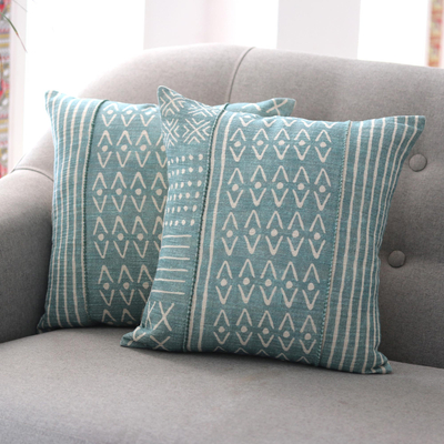 Cotton cushion covers, 'Jade Sea' (pair) - Cotton Cushion Covers with Geometric Patterns (Pair)