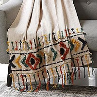 Embroidered cotton throw, 'Snug Saturday' - Fringed Cotton Throw with Tufted Embroidery