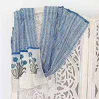 Cotton scarf, 'Azure Fantasy' - Azure Floral-Motif Chanderi Cotton Scarf
