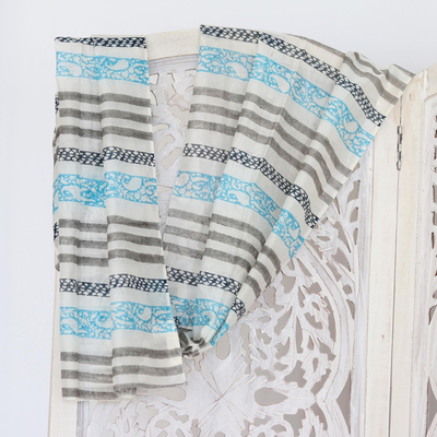 Cotton scarf, 'Paisley Breeze' - Striped Grey Cotton Chanderi Scarf from India