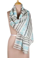 Cotton scarf, 'Paisley Breeze' - Striped Grey Cotton Chanderi Scarf from India