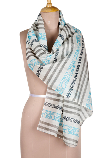 Cotton scarf, 'Paisley Breeze' - Striped Grey Cotton Chanderi Scarf from India