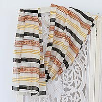 Cotton scarf, 'Paisley in Amber' - Striped Paisley Chanderi Cotton Scarf