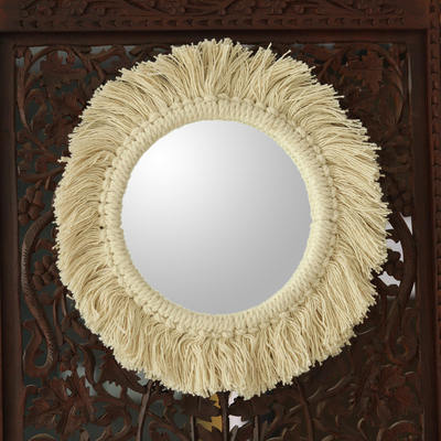 Cotton macrame wall mirror, 'Boho Cheer' - Cotton Macrame Wall Mirror from India