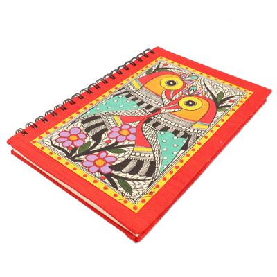 Handmade paper journal, 'Fond Memories' - Madhubani Bird Journal with Handmade Paper