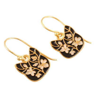 Gold-plated dangle earrings, 'Outdoor Cat' - Gold-Plated Sterling Silver Cat Dangle Earrings