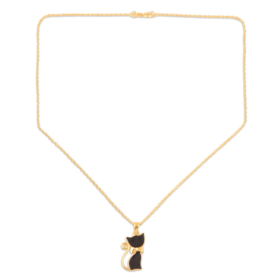 Halskette mit vergoldetem Anhänger, 'Black Cat - Vergoldete Sterling Silber Katze Anhänger Halskette