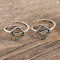 Sterling Silver Bird-Motif Toes Rings from India (Pair),'Bird Bath'