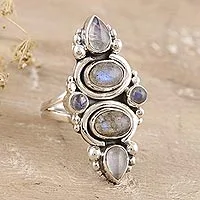 Labradorite and rainbow moonstone cocktail ring, 'Meet Cute' - Rainbow Moonstone and Labradorite Cocktail Ring