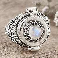 Rainbow moonstone locket ring, 'Misty Night' - Sterling Silver and Rainbow Moonstone Locket Ring