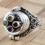 Multi-gemstone locket ring, 'Birthday Quartet' - Birthstone and Sterling Silver Locket Ring