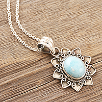 Larimar pendant necklace, 'Celestial Garden' - Indian Larimar Floral-Motif Pendant Necklace