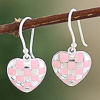Sterling silver dangle earrings, 'Checkered Heart in Pink' - Sterling Silver Pink Heart Dangle Earrings