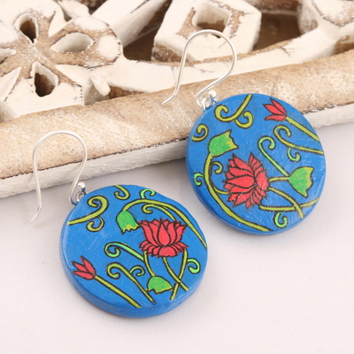 Ceramic dangle earrings, 'Pichwai Art' - Hand Painted Floral Dangle Earrings