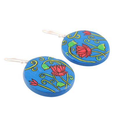 Ceramic dangle earrings, 'Pichwai Art' - Hand Painted Floral Dangle Earrings