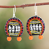 Ceramic dangle earrings, 'Warli Tribal' - Hand Painted Ceramic Dangle Earrings