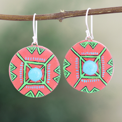 Ceramic dangle earrings, 'Tribal Colors' - Pink and Green Ceramic Dangle Earrings