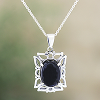 Onyx pendant necklace, 'Black Botanicals' - Sterling Silver and Onyx Pendant Necklace