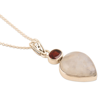 Garnet and rainbow moonstone pendant necklace, 'Mars in the Morning' - Rainbow Moonstone and Garnet Pendant Necklace