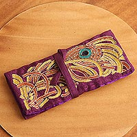 Embroidered silk jewelry roll, 'Peacock Flare'