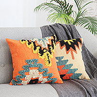 Embroidered cotton cushion covers, 'Geometric Heights' (pair)