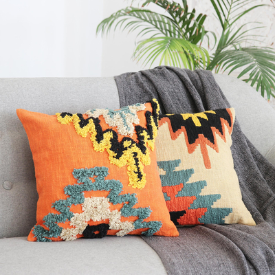 Embroidered cotton cushion covers, Geometric Heights (pair)