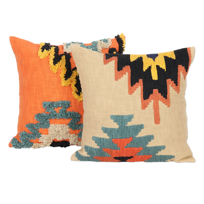 Embroidered cotton cushion covers, 'Geometric Heights' (pair) - Cotton Cushion Covers with Tufted Embroidery (Pair)