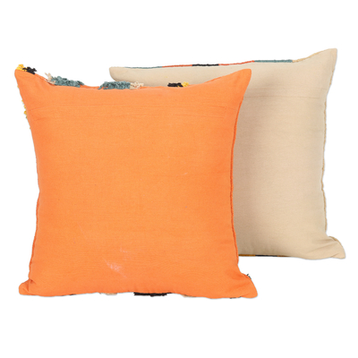 Embroidered cotton cushion covers, 'Geometric Heights' (pair) - Cotton Cushion Covers with Tufted Embroidery (Pair)