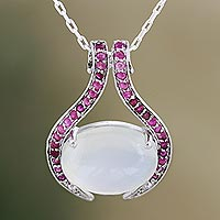 Ruby and moonstone pendant necklace, 'Pink Sky' - Hand Made Ruby and Moonstone Pendant Necklace