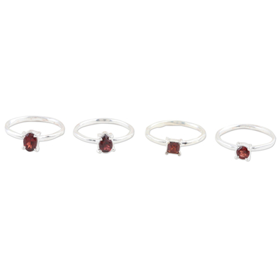 Garnet stacking rings, 'Fiery Foursome' (set of 4) - Garnet and Sterling Silver Stacking Rings (Set of 4)