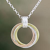 Multi-metal pendant necklace, 'Three Times' - Sterling Silver and Copper Pendant Necklace