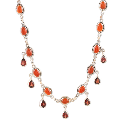 Carnelian and garnet pendant necklace, 'Sunset Teardrop' - Carnelian and Garnet Pendant Necklace from India