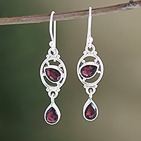 Garnet dangle earrings, 'Balanced Glow' - Garnet and Sterling Silver Dangle Earrings from India