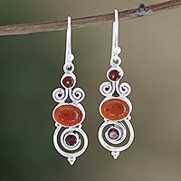 Carnelian and garnet dangle earrings, 'Fiery Spiral' - Handmade Garnet and Carnelian Dangle Earrings