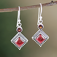Garnet dangle earrings, 'Blissful Red' - Hand Crafted Garnet and Sterling Silver Dangle Earrings