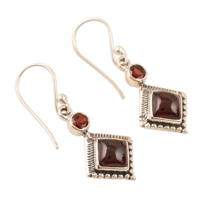Garnet dangle earrings, 'Blissful Red' - Hand Crafted Garnet and Sterling Silver Dangle Earrings