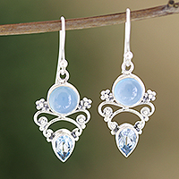 Chalcedony and blue topaz dangle earrings, 'Glacial'